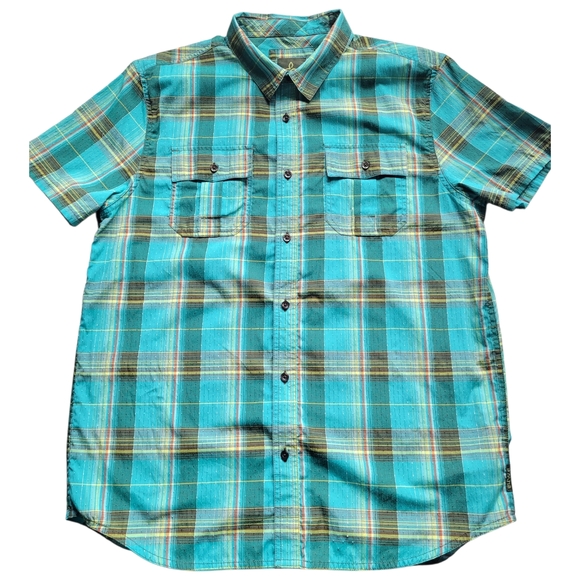 Prana Other - LG prAna Ostend Plaid Short Sleeve Shirt Organic Cotton Blend Green Yellow